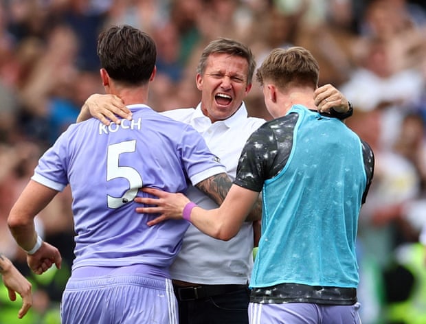 Leeds United manager Jesse Marsch celebrates after the match
