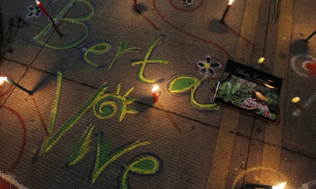 ‘Berta lives’ is written in chalk on a street in Tegucigalpa, Honduras, on 8 March – International Women’s Day.