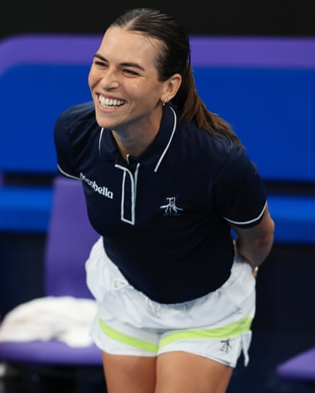 Ajla Tomljanovic laughs after a practice session at Ken Rosewall Arena in Sydney