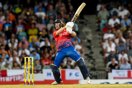 England’s Phil Salt hits a boundary during the first T20 against the West Indies at Kensington Oval