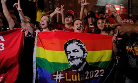 Supporters of Brazilian former President (2003-2010) and candidate for the leftist Workers Party (PT) Luiz Inacio Lula da Silva celebrate in Sao Paulo, Brazil, on 30 October 2022.