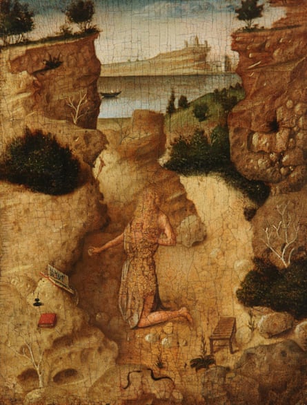 A painting of Saint Jerome set against a rocky landscape on the back of the Ecce Homo, the face rubbed out