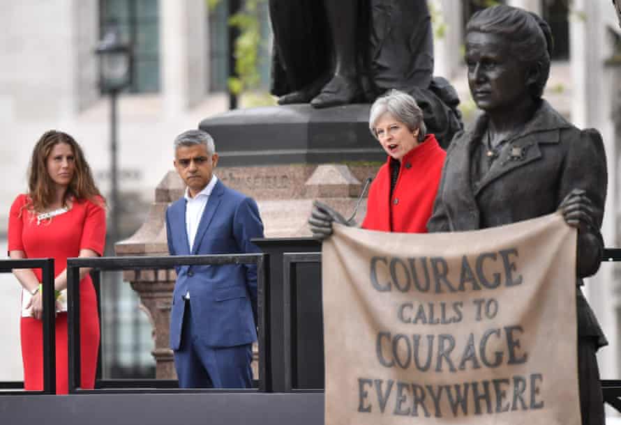 Criado-Perez with Sadiq Khan and Theresa May at the unveiling of a statue of Millicent Fawcett in Parliament Square in 2018.