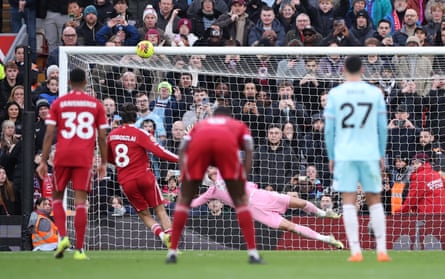 Dominik Szoboszlai hits the bar from his first-half penalty