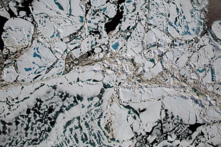 An aerial view of melt pools on Arctic ice
