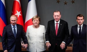 Russia’s president Vladimir Putin, Germany’s chancellor Angela Merkel, Turkey’s president Recep Tayyip Erdogan and France’s president Emmanuel Macron at the summit on Syria in Istanbul.