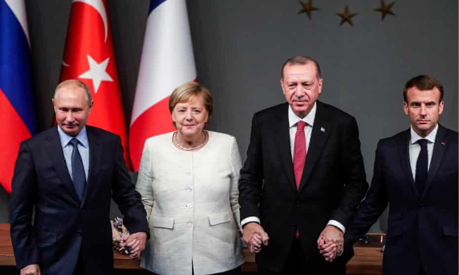 Russia’s president Vladimir Putin, Germany’s chancellor Angela Merkel, Turkey’s president Recep Tayyip Erdogan and France’s president Emmanuel Macron at the summit on Syria in Istanbul. 