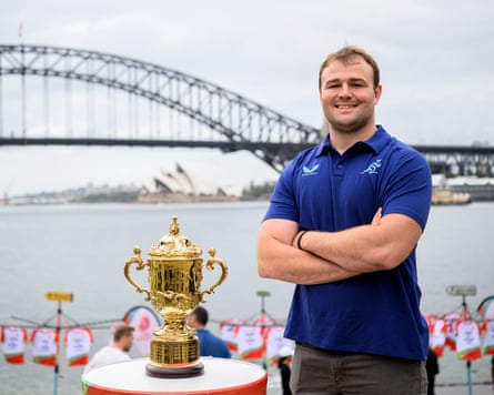 The Wallabies captain Harry Wilson with the Webb Ellis Cup in Sydney