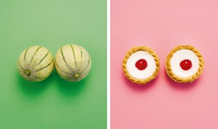 Grid of two images, each showing two items looking like breasts, the first melons against green background, the other cherry bakewells against pink background