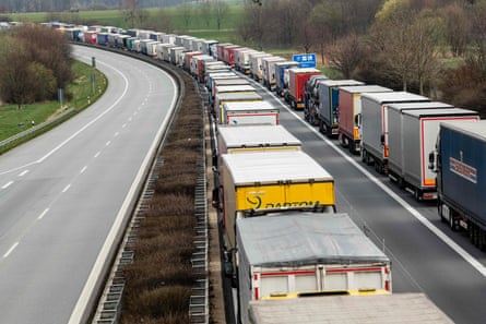 Trucks queueing last week near Germany’s border with Poland.