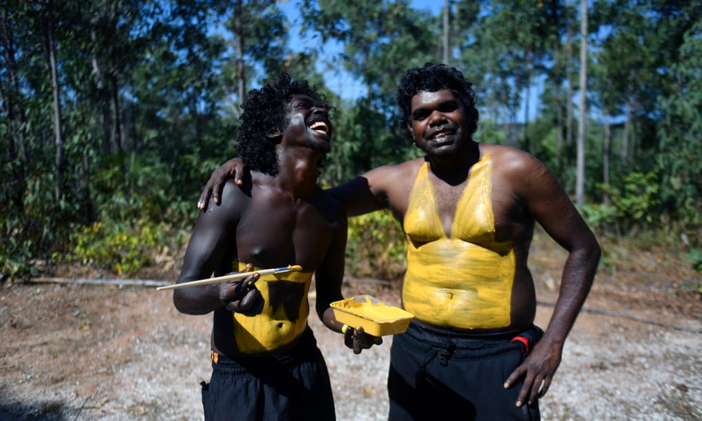 Members of the Gumatj clan of the Yolngu people prepare for the Bunggul traditional dance at the Garma festival on Friday