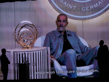 Paris Saint-Germain's head coach Luis Enrique is seen on screen as he gives a speech after receiving the Johan Cruyff best men's club team's manager award during the 2025 Ballon d'Or.