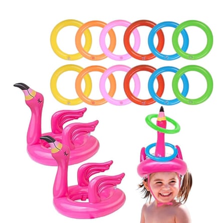 Games set including inflatable flamingo hats and hoops.