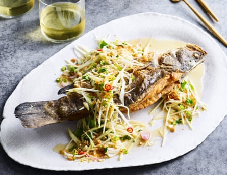 Yum mamuang, deep-fried snapper with green mango salad