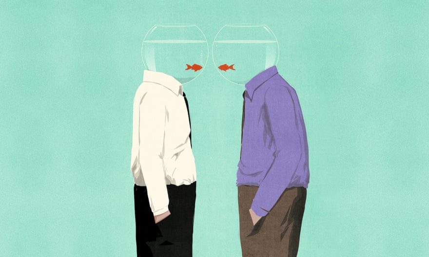 An illustration of two men standing facing each other in business clothing, but they each have a goldfish bowl with an orange fish in it instead of a head