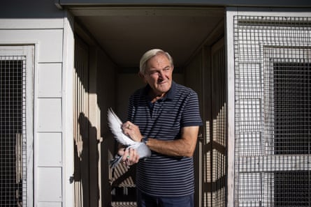 73-year-old Tony Sienkiewicz holding one of his pigeons at his home.