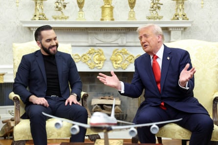 El Salvador president Nayib Bukele in the Oval Office with Donald Trump in April 2025.