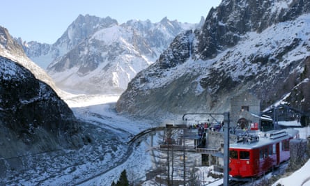 Montenvers Train climbs up to the Mer de Glace Glacier at Chamonix, France.
