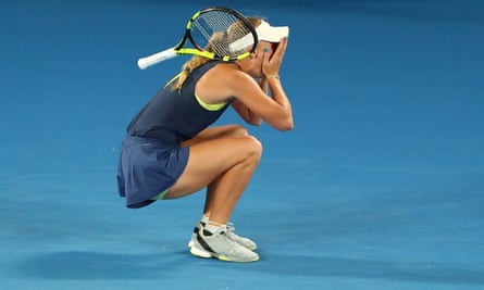 Caroline Wozniacki reacts after winning the Australian Open.