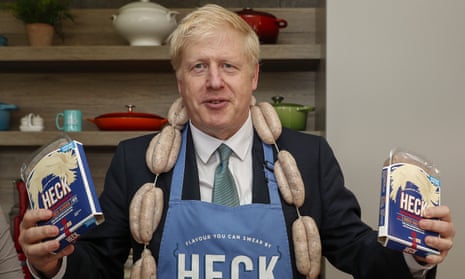 Boris Johnson poses with “Boris Bangers”, which sparked a backlash against sausage company Heck 