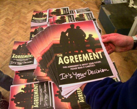 Copies of the Northern Ireland peace agreement are put on display on 11 April 1998.