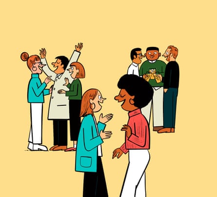 Illustration de personnes en petits groupes discutant de manière animée.