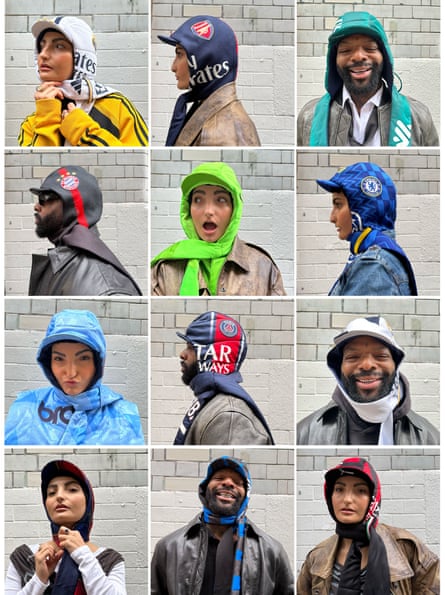 More Soft Armour headpieces, constructed by integrating multiple elements from existing football shirts into single sculptural forms.