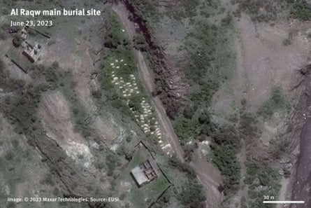 An aerial picture in which white rectangular graves are seen spaced among trees.