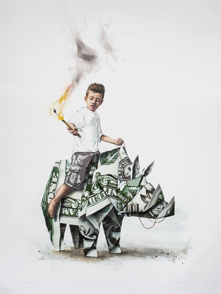 Splash and Burn depicts a young boy wielding a burning match as he sits astride a rhino folded from a dollar bill