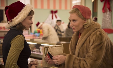 Sparks fly … Therese Belivet’s (Rooney Mara) store clerk meets Carol (Cate Blanchett) for the first time.