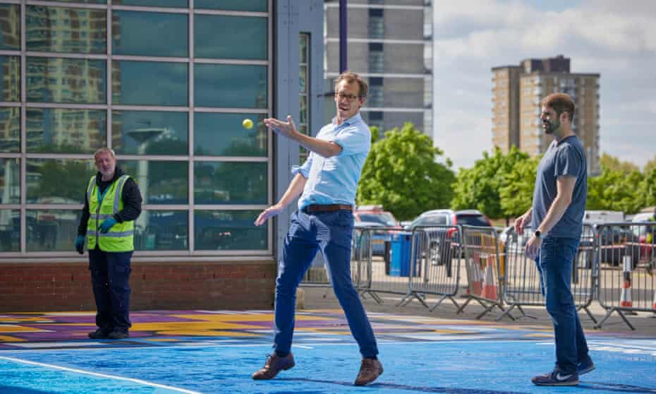 People try out wallball at Surrey Quays shopping centre in London.