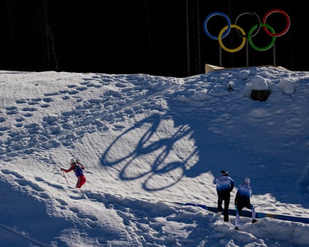 Johannes Høsflot Klæbo skis uphill during the cross-country skiing men’s 4 x 7.5km relay at the 2026 Winter Olympics
