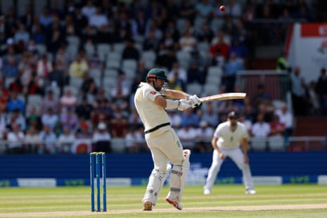 Travis Head lofts the ball into the air to be ccaught by Joe Root.