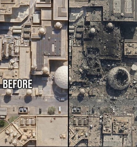 Before and after satellite images appearing to show a bombed building.