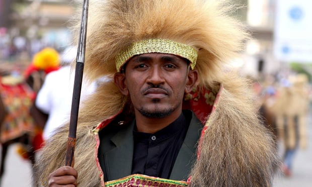 Ethiopian musician Haacaaluu Hundeessaa poses while dressed in a traditional costume during the 123rd anniversary celebration of the battle of Adwa in Addis Ababa.
