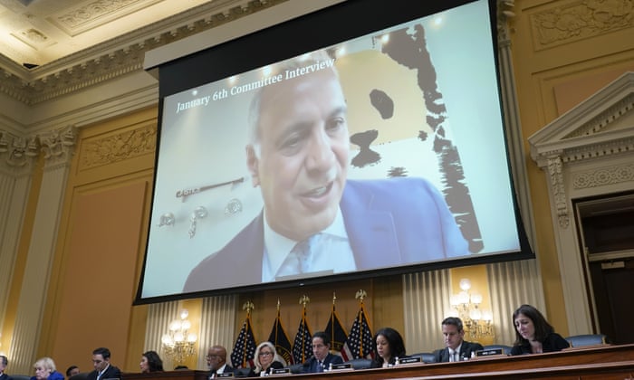 Eric Herschmann, on the video screen, was a recurring character in the January 6 committee’s first set of hearings.