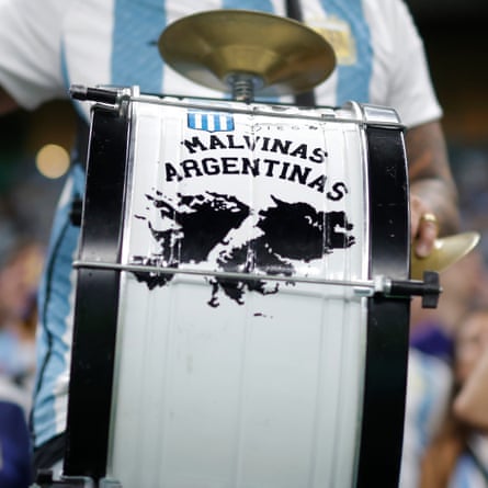 A drum referencing the Falkland Islands among Argentina fans during the semi-final.