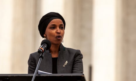 Ilhan Omar speaks at a rally outside the supreme court.