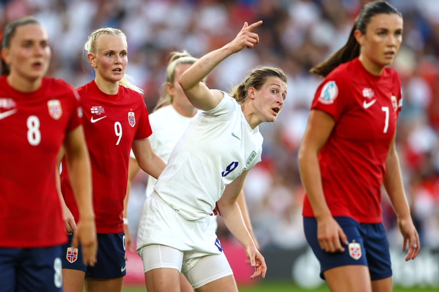 Elaine White, surrounded by Norway defenders, has 52 goals for England.