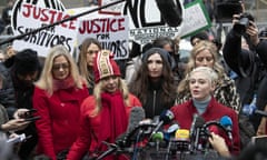 Actor Rose McGowan, right, speaks at a news conference as actor Rosanna Arquette, center left, listens outside a Manhattan courthouse after the arrival of Harvey Weinstein, Monday, Jan. 6, 2020, in New York. Weinstein and several women who have accused him of sexual misconduct converged at the New York City courthouse ahead of his trial on charges of rape and sexual assault. (AP Photo/Mark Lennihan)