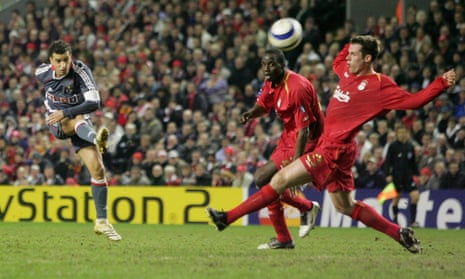 Simão Sabrosa stuns Anfield in March 2006 with the opening goal of a 2-0 win on the night for Benfica, 3-0 on aggregate in the Champions League last 16.