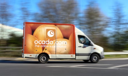 An Ocado home delivery van departs from the group’s warehouse in Erith, south-east London.