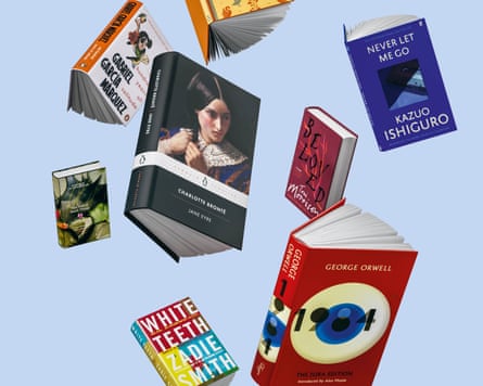 Books falling on a blue background, including George Orwell’s 1984.