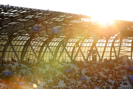 Sunlight falls over the stadium during a group C match between Jamaica and Australia at Stade des Alpes.