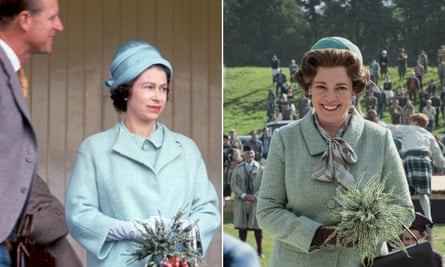 Composite image showing Queen Elizabeth II (left) and The Crown S4 - Queen Elizabeth II (OLIVIA COLMAN)