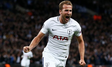 Harry Kane celebrates scoring his first and Tottenham’s second goal in the 3-1 win over Borussia Dortmund at Wembley
