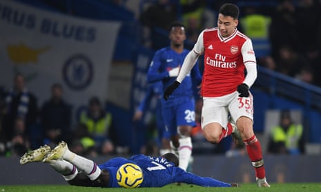 Gabriel Martinelli leaves N’Golo Kanté on the ground as he races clear to score Arsenal’s first goal at Chelsea.