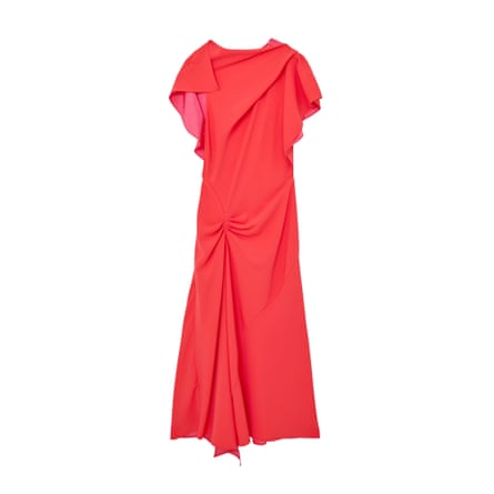 Asymmetric Draped Midi Dress in Orange.