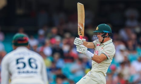 Marnus Labuschagne plays a shot in the third Test between Australia and Pakistan