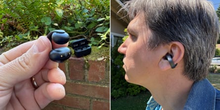 Open earbuds let you tune in without tuning out the world. Here are the five best pairs | headphones Side by side images, one of close-up of man holding earbud and one of his side profile with earbuds in ear